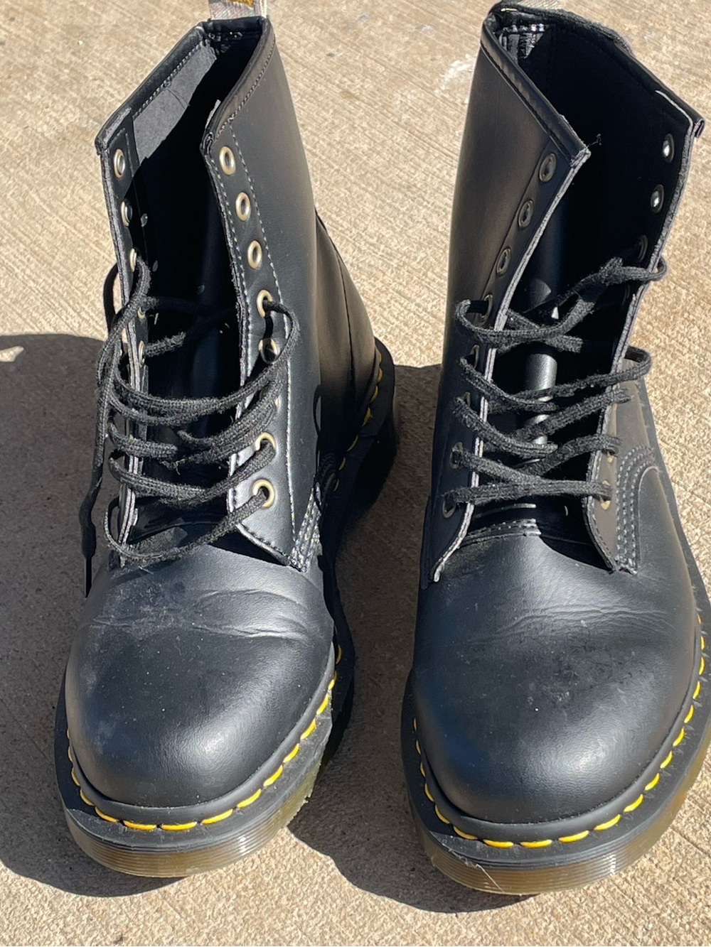Dr. Martens Black Lace-Up Combat Boots with Yellow Stitching